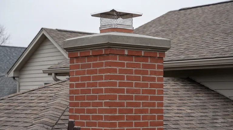 Restored brick chimney stack with renewed mortar joints