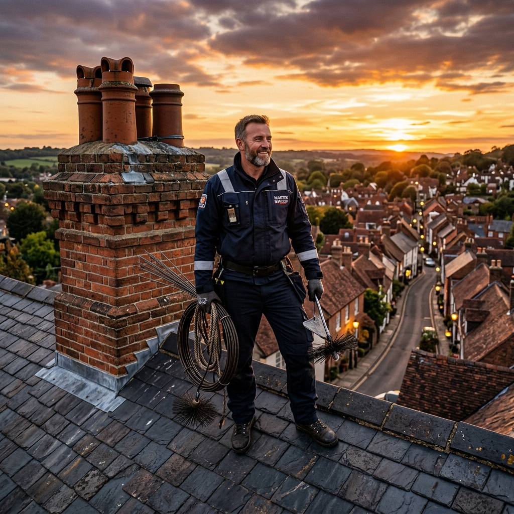Master chimney sweep inspecting brick chimney